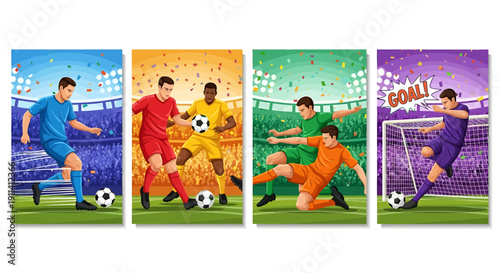 Four soccer players in action on green field with stadium background in blue yellow green purple