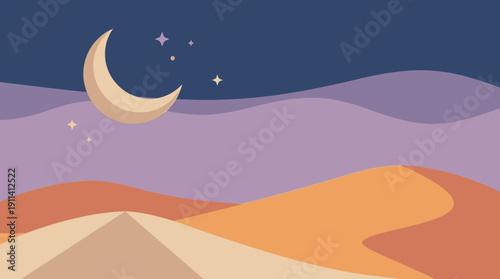 Desert landscape at night with crescent moon and stars