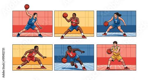 Diverse basketball players in action on colorful courts with dynamic movements and poses