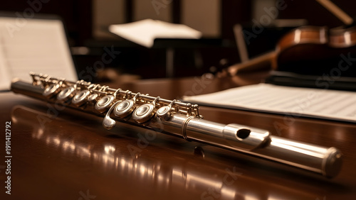 Close up shot of a professional silver flute resting on a polished wooden surface with music sheets in the background