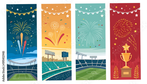 Vibrant stadium banners with fireworks and trophy celebrating sports victory and festive atmosphere