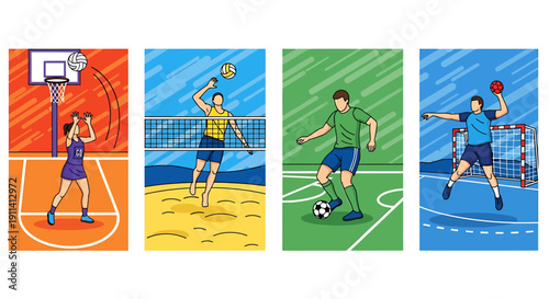 Athletes competing in various sports on different courts and fields