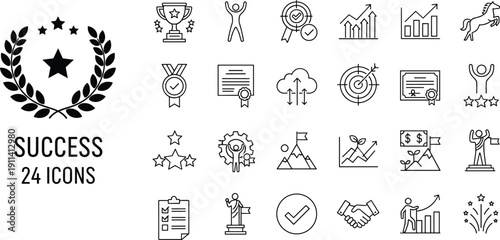 Large collection of professional business success and achievement icons in a black and white cad drawing flat vector illustration for projects