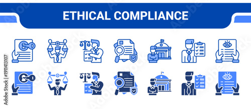 Ethical Compliance Icon Collection,  featuring Compliance, Ethics, Regulations, Policy, Governance, Accountability, Transparency.
