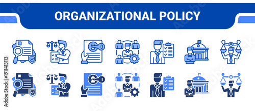 Organizational Policy Icon Collection,  featuring Policy, Regulations, Compliance, Management, Accountability, Governance, Ethics.