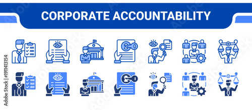 Corporate Accountability Icon Collection,  featuring Accountability, Transparency, Governance, Compliance, Oversight, Management, Ethics.