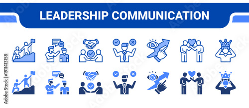 Leadership Communication Icon Collection,  featuring Leadership, Communication, Negotiation, Decision making, Vision, Respect, Confidence.