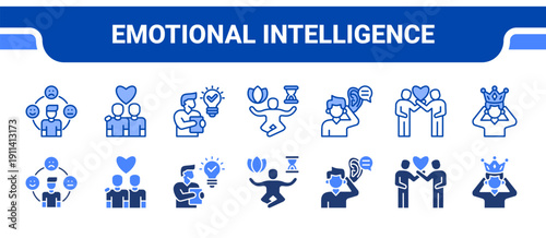 Emotional Intelligence Icon Collection,  featuring Emotional intelligence, Empathy, Understanding, Patience, Active listening, Respect, Confidence.