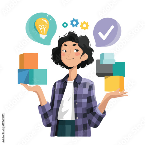 Young presenter woman balancing colorful boxes.