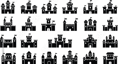 Medieval castle icon set with black silhouette fortress towers walls and flags flat vector illustration for fantasy history game ui design branding