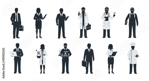 Diverse group of professional people silhouettes in different careers.
