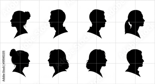 Collection of Diverse Human Head Silhouettes Facing Left.