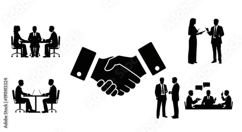 Business meeting and handshake silhouettes representing collaboration and partnership.