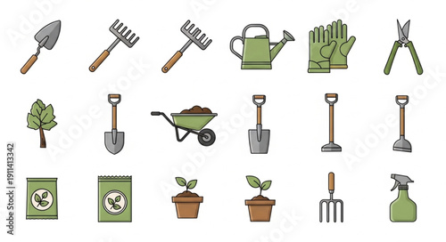Collection of garden tools and supplies for planting and gardening.