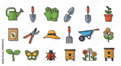 Collection of Gardening Tools and Elements Illustration.