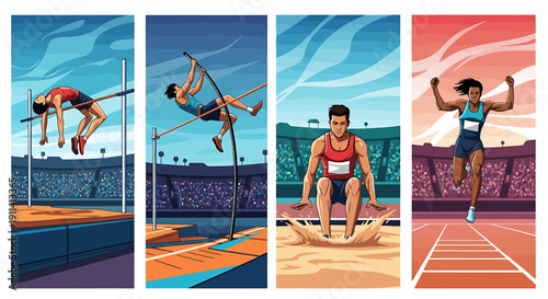 Athletes competing in track and field events at stadium