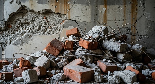 Wallpaper Mural Debris of a crumbling building broken bricks, concrete, and rusted rebar, decaying structure Torontodigital.ca