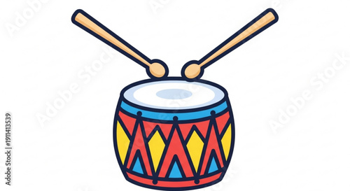 Colorful Cartoon Drum with Drumsticks Isolated on White Background