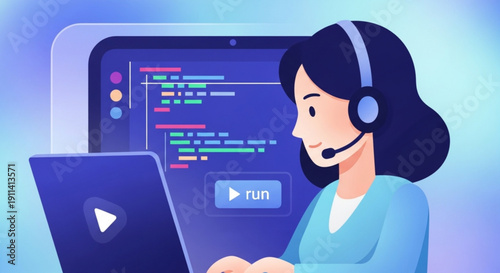 Young Woman Programmer Wearing Headset Working on Laptop with Coding Screen