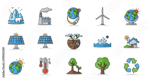 Collection of environmental protection and climate change icons.