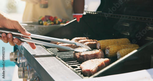 Bilde på lerret Bbq, steak and cooking with hands of person outdoor for grill, cookout event and beef