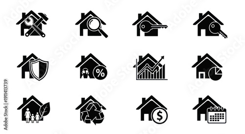 Real Estate Icons: Property Services, Finance, Security, Family, Eco-Friendly, and More