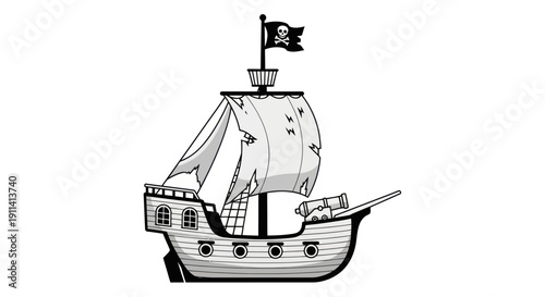 Pirate Ship with Jolly Roger Flag and Cannon - Black and White Illustration