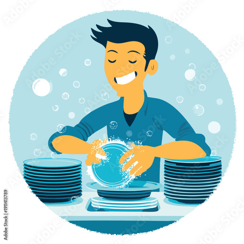 Smiling Person Washing Dishes In Kitchen.