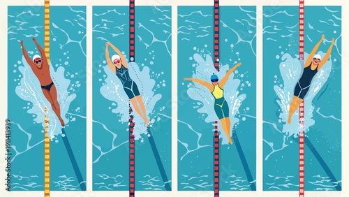 Swimmers in motion four people swimming in pool vector illustration of athletes in water competitive swimming