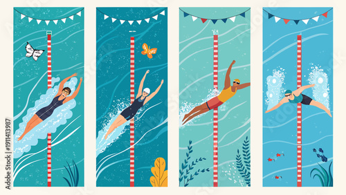 Swimmers in a pool with flowers and flags illustration of people enjoying swimming