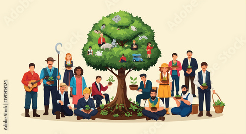 Diverse group of people gathered around a vibrant tree.