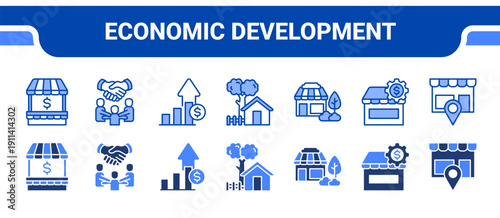 Economic Development Icon Collection,  featuring Local economy, Community, Growth, Rural, Neighborhood, Micro enterprise, Marketplace.