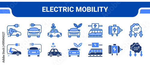 Electric Mobility Icon Collection,  featuring Electric vehicle, Electric car, Green mobility, Sustainable mobility, Electric transport, Drive, Zero emission.