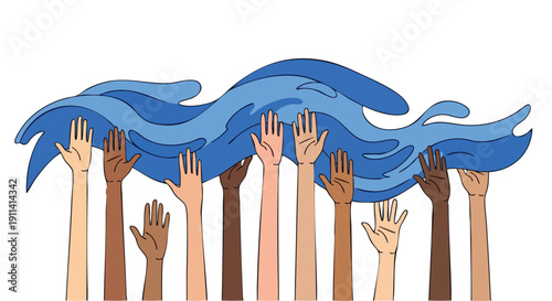 Diverse hands reaching up towards a blue wave symbol.