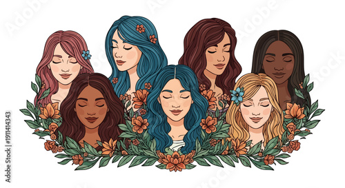 Diverse group of women with floral elements.