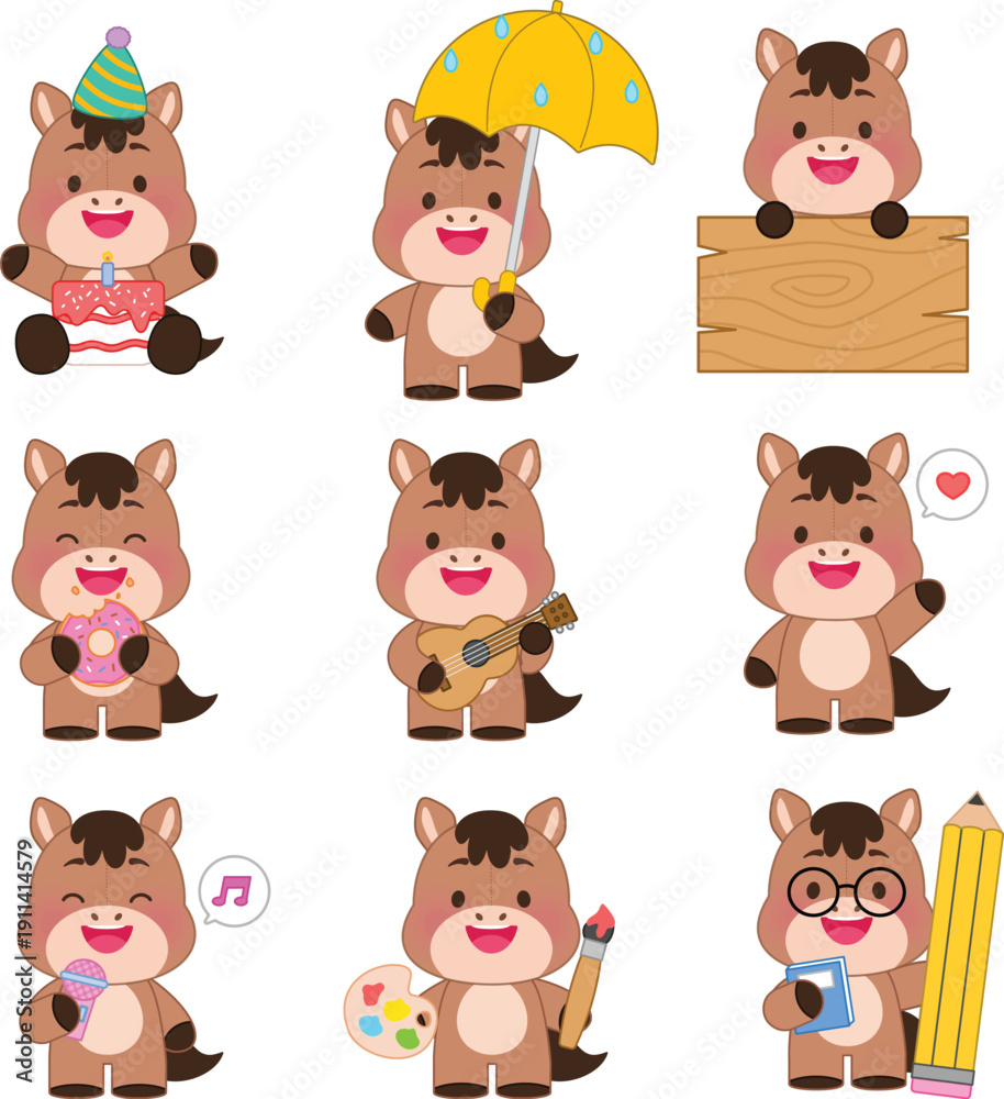 Obraz premium Cute Horse Mascot Daily Activity Illustration Set