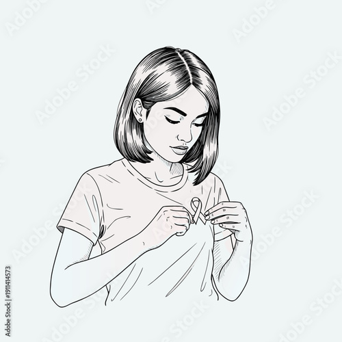 Young woman placing ribbon on her shirt with focused expression  