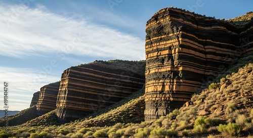 Wallpaper Mural Dramatic layers of colorful rock face against a blue sky, showcasing geological formations Torontodigital.ca