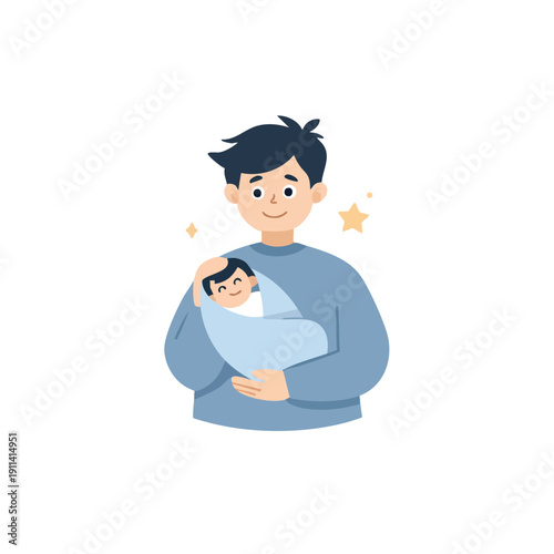 Father holding newborn baby illustration portrait.