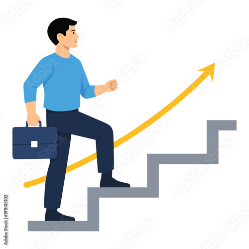 Climbing to Success A determined figure ascends a staircase, symbolized by the upward trajectory of a golden arrow, suggesting ambitious goals and professional progress