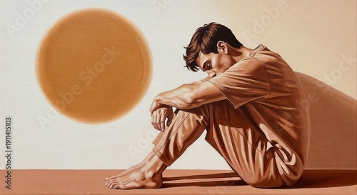 Figurative art portrait of a thoughtful young man sitting with his head resting on his knee. Warm earth tones and abstract circular background.