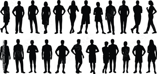Human silhouette illustration set, twenty-two black icons varied poses stances clothing male female diversity design, vector artwork, lifestyle and identity theme, isolated background