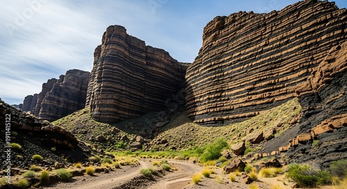 Wallpaper Mural Eroded layered rock formations dominate a dry landscape under a bright blue sky Torontodigital.ca
