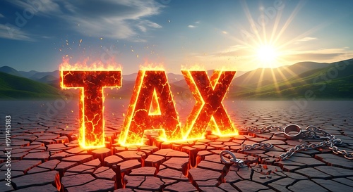 Wallpaper Mural Fiery "TAX" letters on cracked earth, chains, bright sun, desolate background Torontodigital.ca