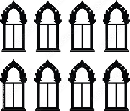 Ornate window silhouette illustration set, eight black icons pointed arch decorative panes cultural architectural design, vector artwork, Middle Eastern and Indian theme, isolated background