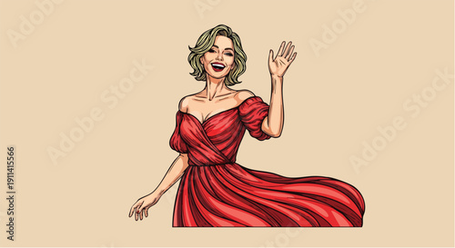 Elegant Woman in Red Dress Waving Hello.