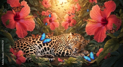 A majestic leopard lies surrounded by lush coral pink hibiscus flowers and fluttering butterflies. Bold botanical fantasy.