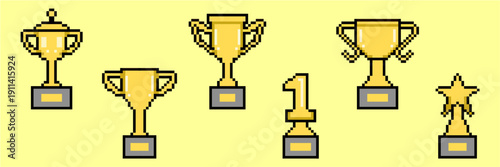 Set editable pixel trophy icon vector for gaming and rewards. Ideal for illustrating achievements, victories, and milestones. Symbolizes success, competition, and top performance in digital realms.
