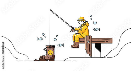 Fisherman in yellow rain suit sitting on dock fishing.