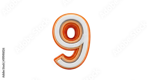 Layered Number 9 with Orange and White Tones on White Background